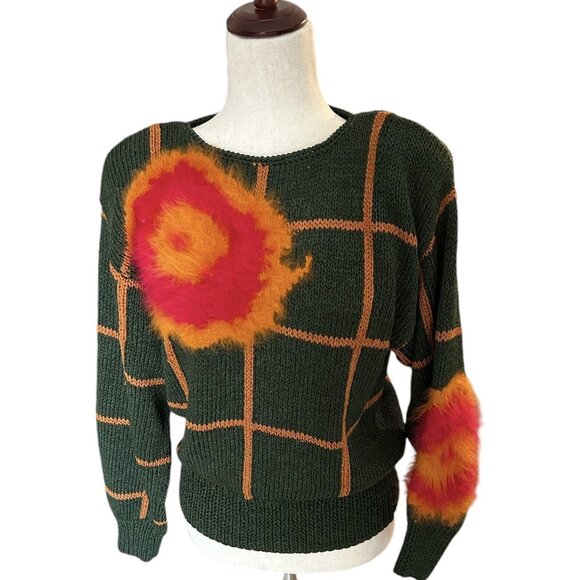 Sweater VTG 80s Sheila Raymond Asymmetric Oval Wool Blend Crew Neck Angora Sz M - Picture 1 of 11